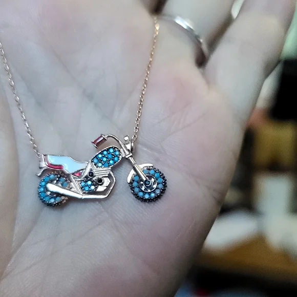 COPY - Turquoise & Onyx enamel sterling & rose gold Motorcycle necklace 18" - Picture 3 of 9
